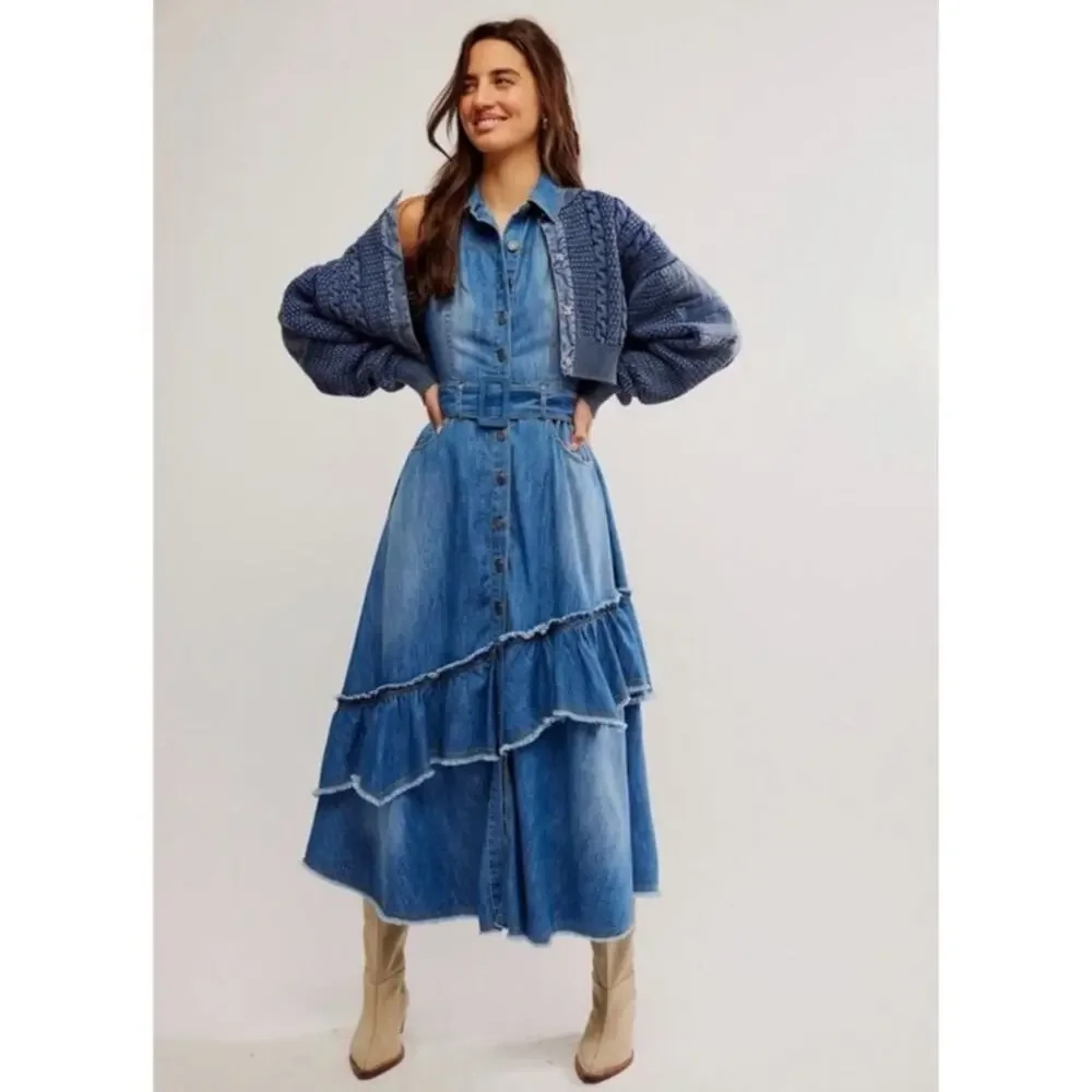 Free People Western Bohemian Ruffle Denim Midi Maxi Dress Belted Cowgirl Small